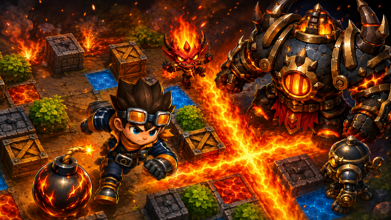 BlastFuse key art with bomber hero, monsters, and lava arena