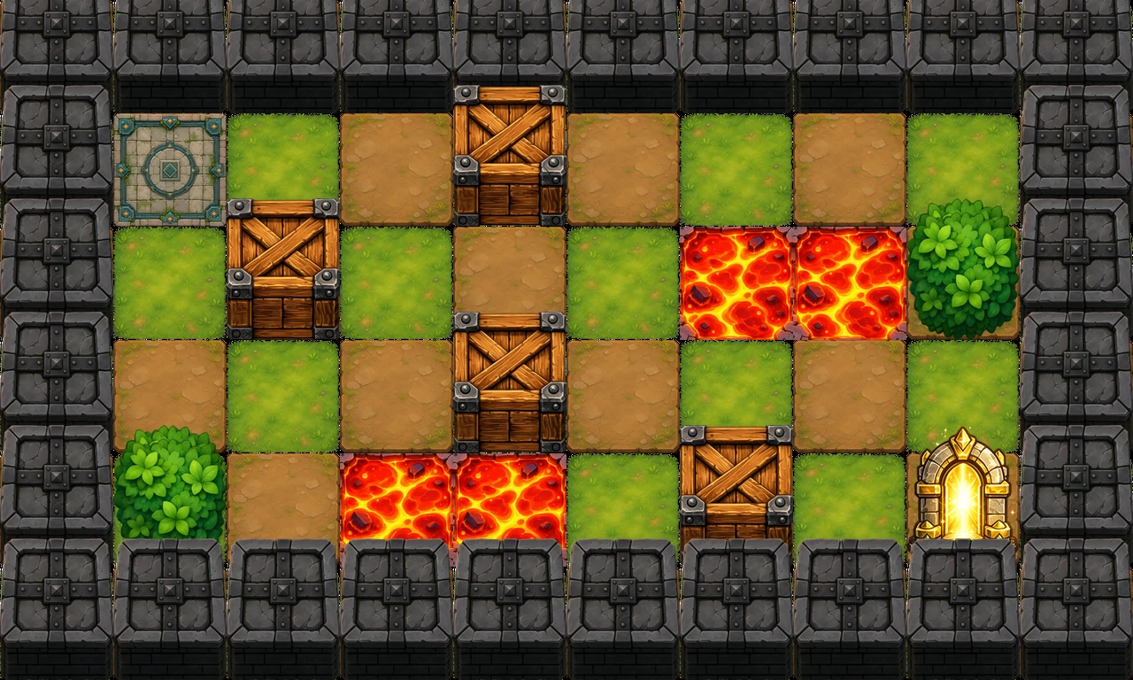 A level layout built from BlastFuse's own tile art: a floor-spawn tile, a corridor blocked by crates, lava hazards, a bush, and a lit exit gate
