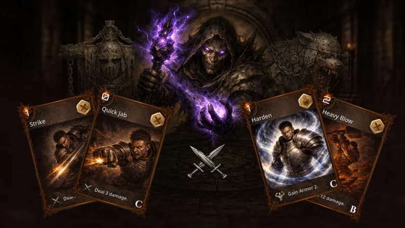 Deadhand Protocol key art: a hooded necromancer with glowing purple eyes and a lightning-wreathed staff, flanked by a chained armored knight and a snarling hound, above the cards Strike, Quick Jab, Harden, and Heavy Blow