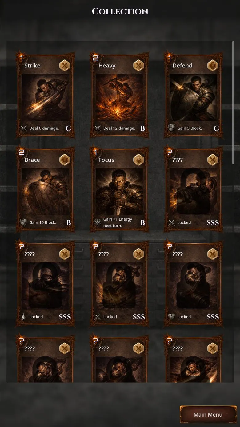 Card collection screen showing unlocked cards Strike, Heavy, Defend, Brace, and Focus with their costs and effects, and several locked SSS-grade cards