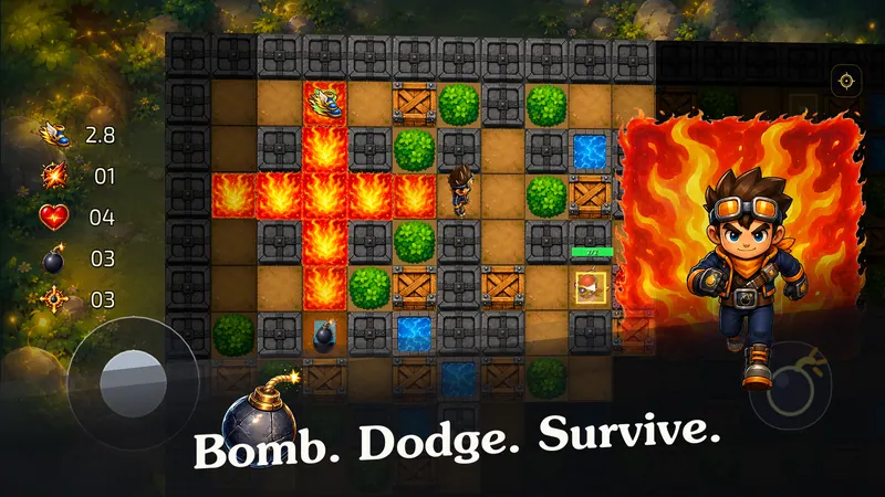 BlastFuse arena: a cross-shaped fire blast spreads across dirt tiles between stone walls, crates, and bushes, with speed, blast, health, and bomb stats on the left and the bomber hero leaping out of the flames