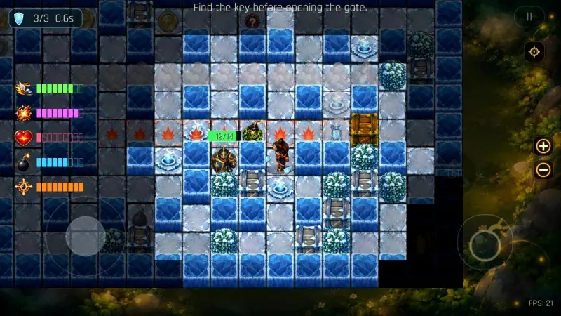 BlastFuse gameplay in the Frost world: the hero stands on an icy grid next to an armored enemy, with the objective banner reading Find the key before opening the gate