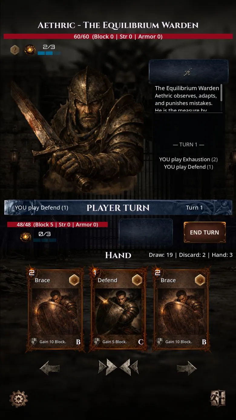 Battle against Aethric, the Equilibrium Warden, an armored swordsman at 60 of 60 health. The player's hand holds Brace, Defend, and Brace, with the combat log and an End Turn button
