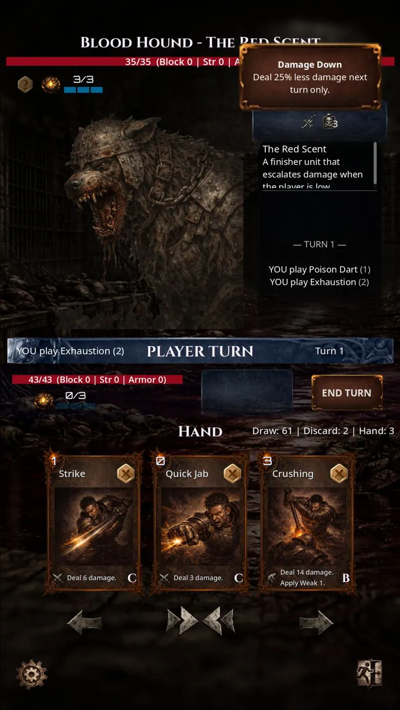 Battle against Blood Hound, the Red Scent, a chained beast. A Damage Down tooltip reads Deal 25% less damage next turn only, and the hand holds Strike, Quick Jab, and Crushing